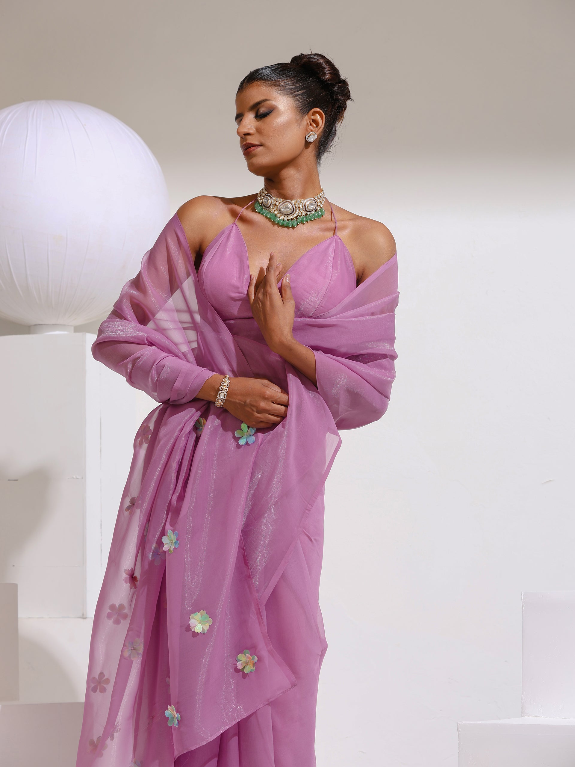Orchid Lilac Soft Organza Floral Saree with Blouse Fabric