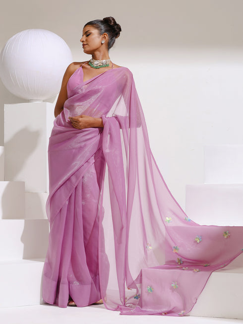 Orchid Lilac Soft Organza Floral Saree with Blouse Fabric