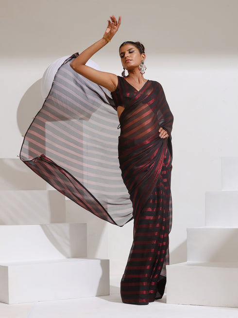 Maroon Peekabo Shimmer and Stripe with Plain Blouse