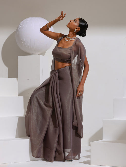 Helio Grey Gold Shimmer with Bronze Pendants and Self Fabric Blouse