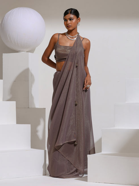 Helio Grey Gold Shimmer with Bronze Pendants and Self Fabric Blouse