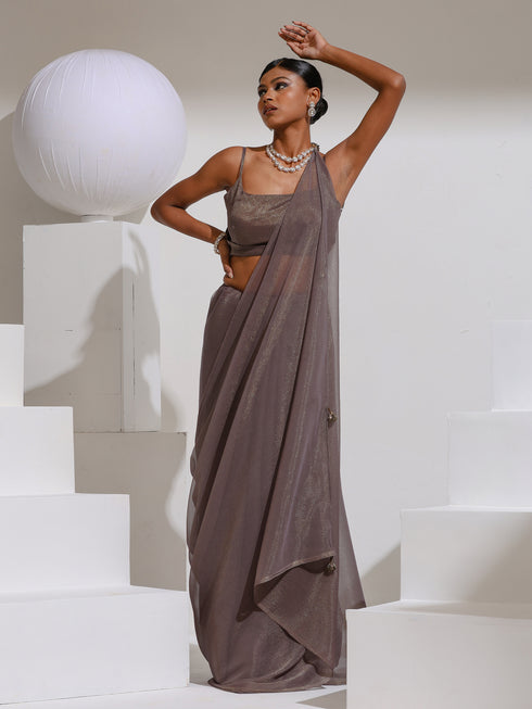 Helio Grey Gold Shimmer with Bronze Pendants and Self Fabric Blouse