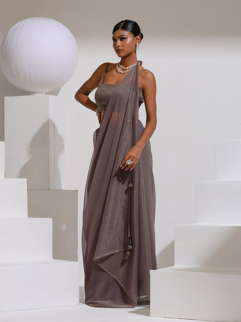 Helio Grey Gold Shimmer with Bronze Pendants and Self Fabric Blouse
