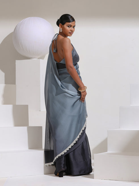 Black and Grey Ombre Chiffon Saree with Blouse Fabric