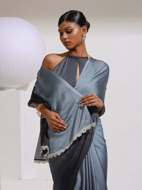 Black and Grey Ombre Chiffon Saree with Blouse Fabric