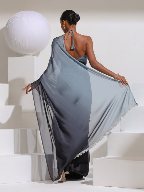 Black and Grey Ombre Chiffon Saree with Blouse Fabric