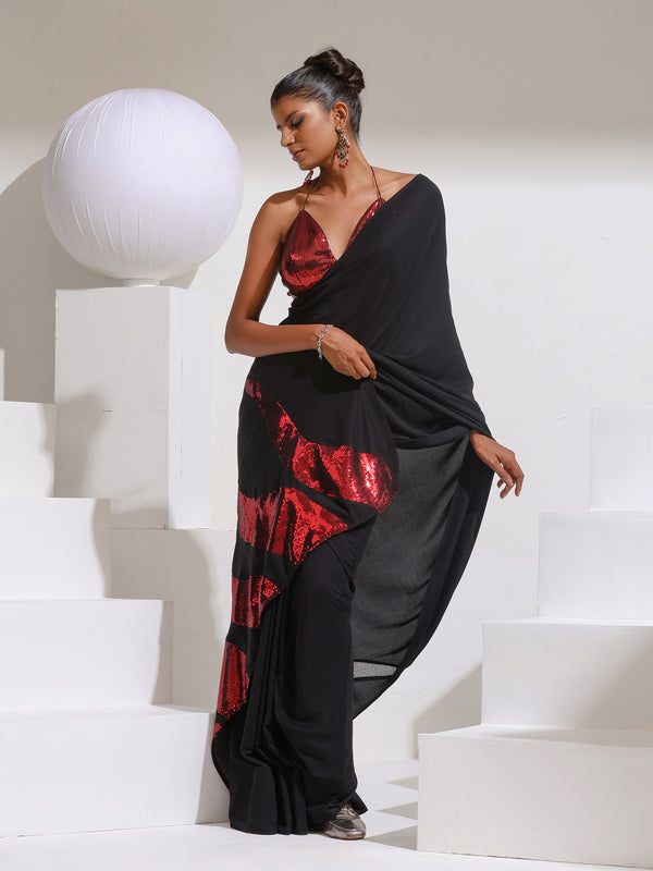 On Fire - Black Korean Saree with Red Sequins