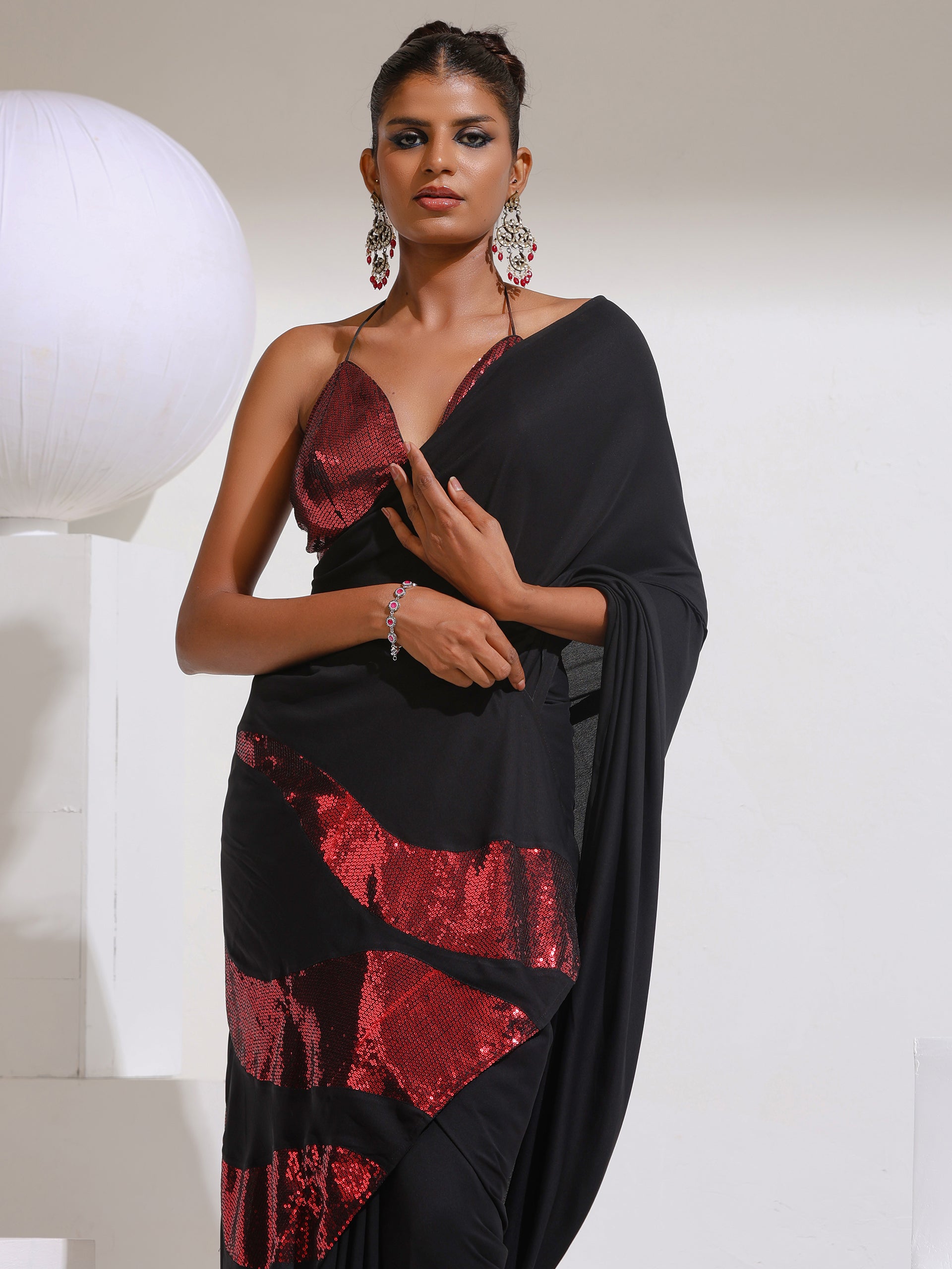 On Fire - Black Korean Saree with Red Sequins