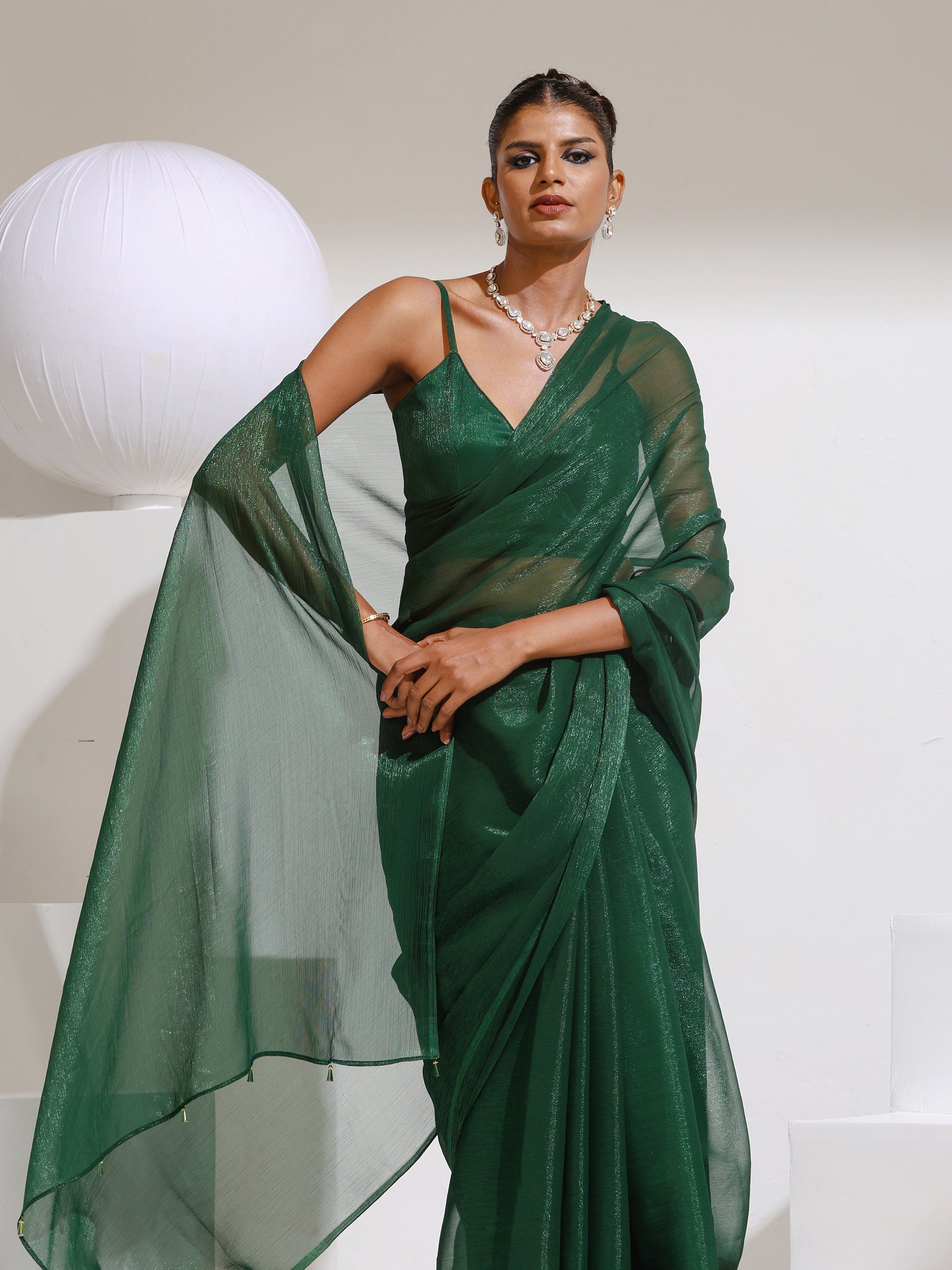 Grass is Greener Chiffon Shimmer Saree with Beads and Blouse Fabric