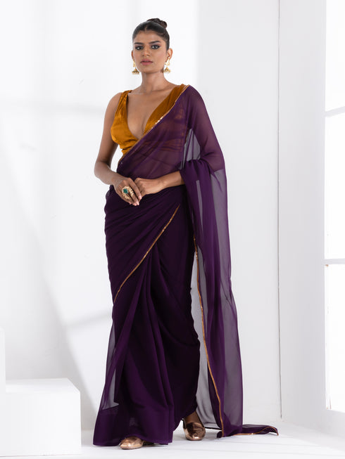 Grape Violet Georgette Saree with Bronze Lace and Galaxy Shine Blouse Fabric