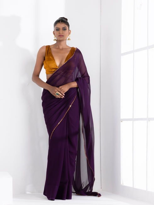 Grape Violet Georgette Saree with Bronze Lace and Galaxy Shine Blouse Fabric