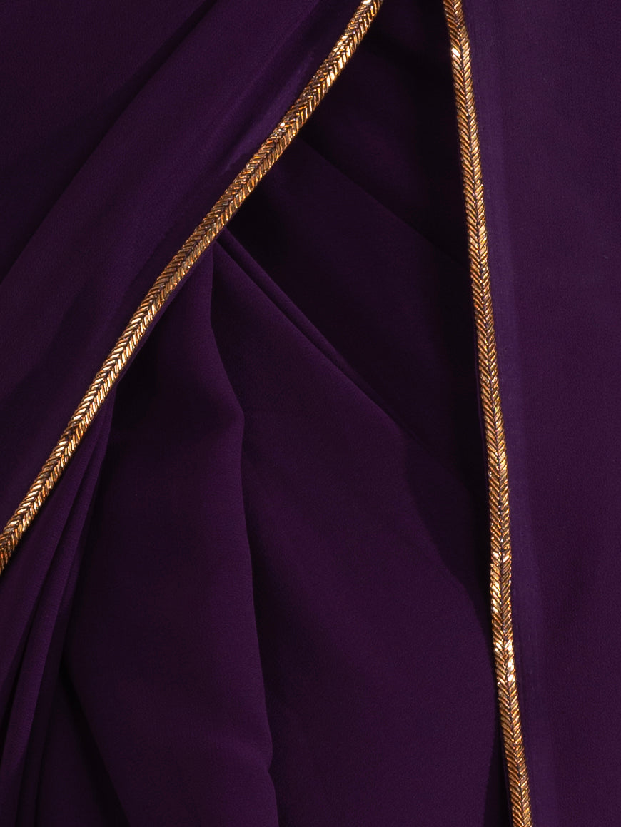 Grape Violet Georgette Saree with Bronze Lace and Galaxy Shine Blouse Fabric