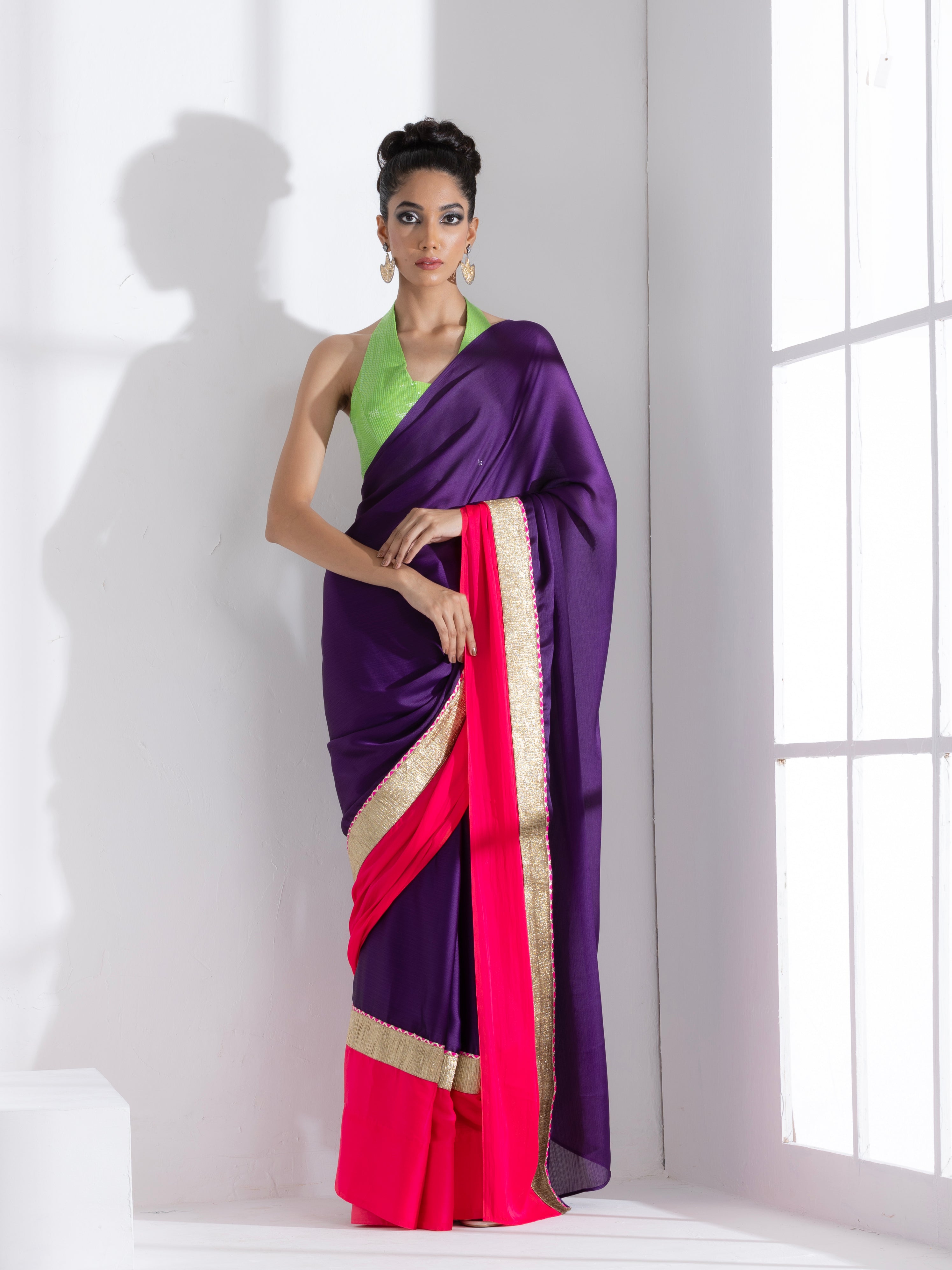 Amythst Chiffon Saree with Fuchsia Satin Border & Green Sequin Blouse Fabric