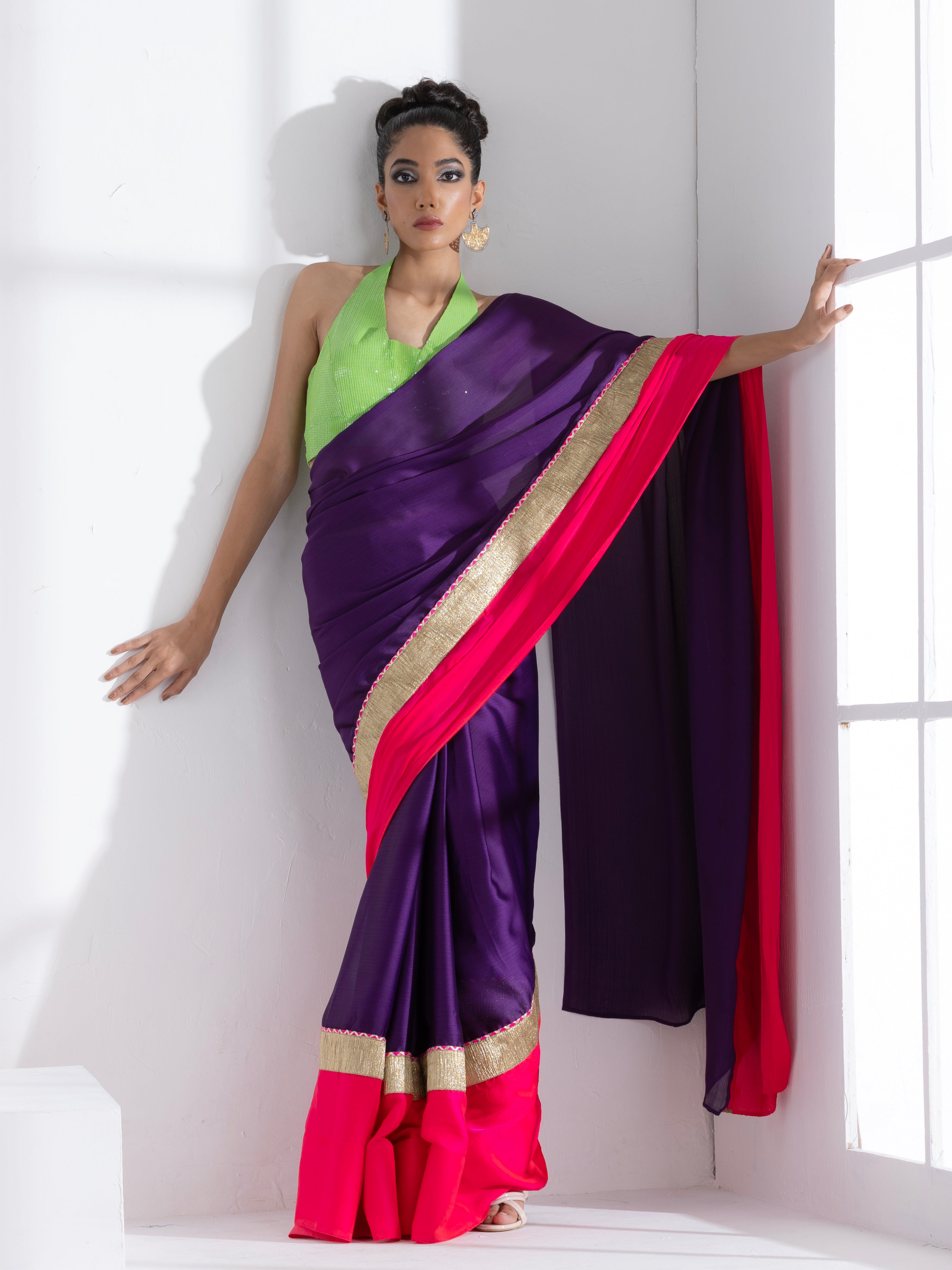 Amythst Chiffon Saree with Fuchsia Satin Border & Green Sequin Blouse Fabric