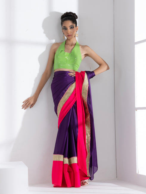 Amythst Chiffon Saree with Fuchsia Satin Border & Green Sequin Blouse Fabric