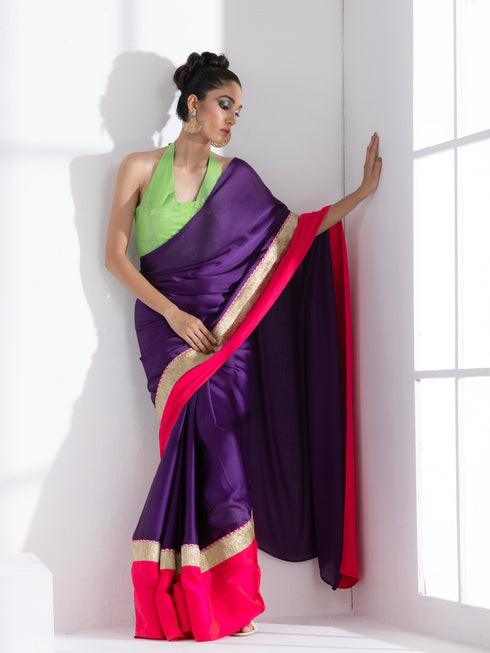 Amythst Chiffon Saree with Fuchsia Satin Border & Green Sequin Blouse Fabric