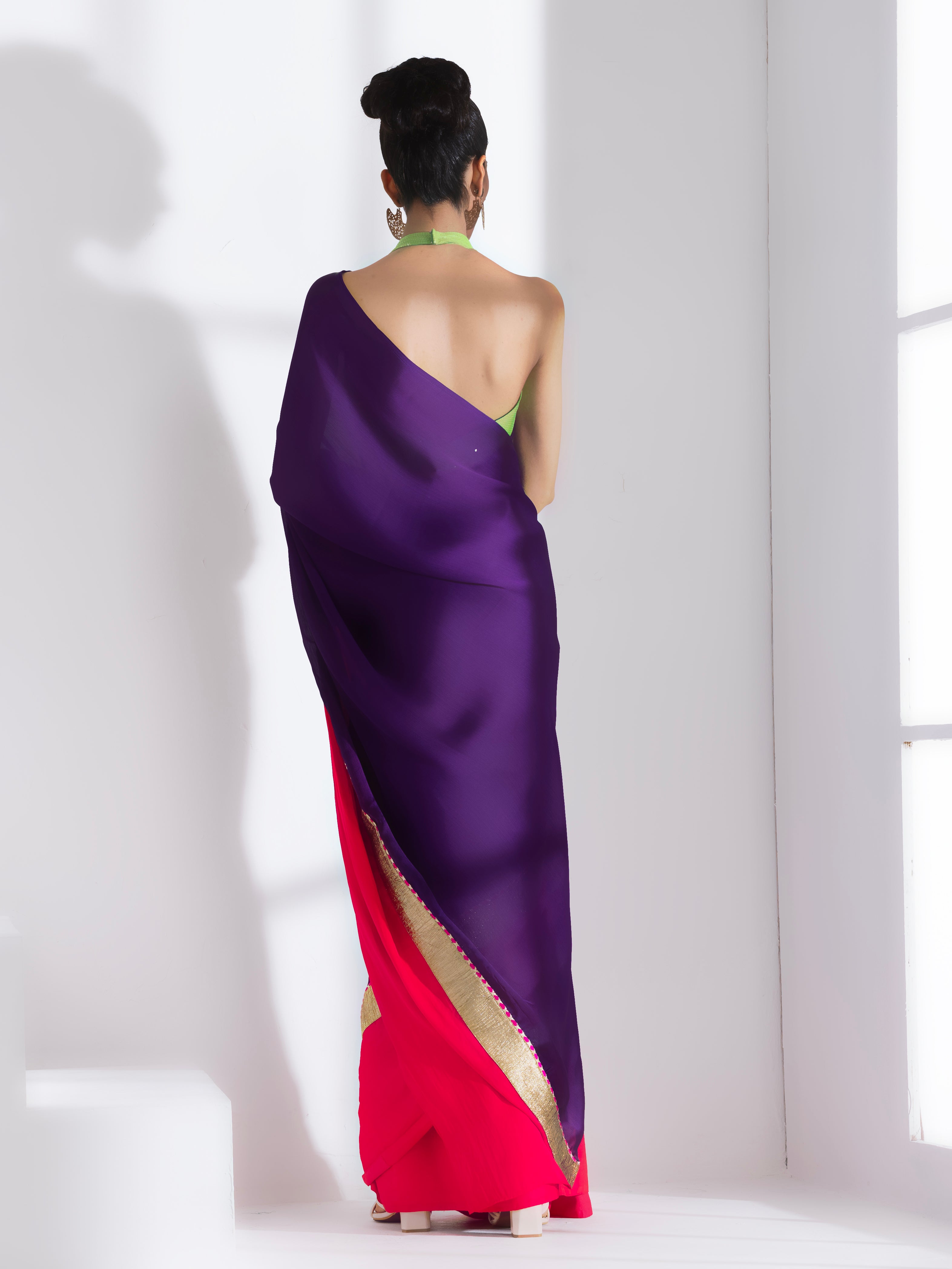 Amythst Chiffon Saree with Fuchsia Satin Border & Green Sequin Blouse Fabric