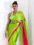 Lime Green Chiffon with Fuchsia Satin Border Saree with Green Sequin Blouse Fabric