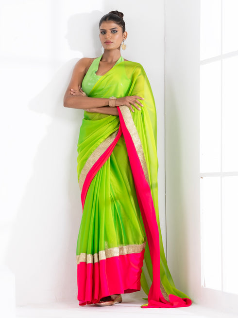 Lime Green Chiffon with Fuchsia Satin Border Saree with Green Sequin Blouse Fabric