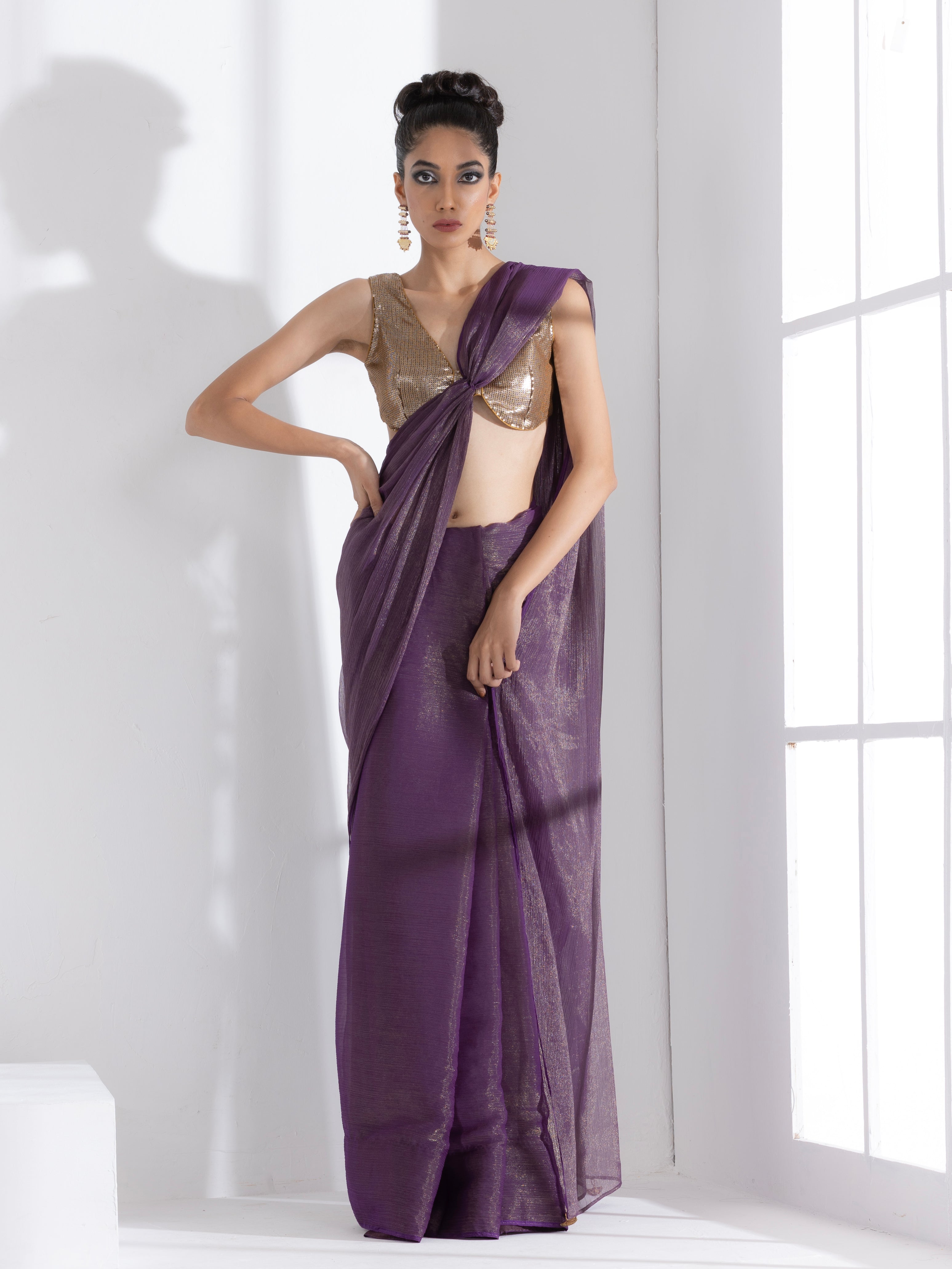 Purple Passion Shimmer Chiffon Saree with Bronze Pendants