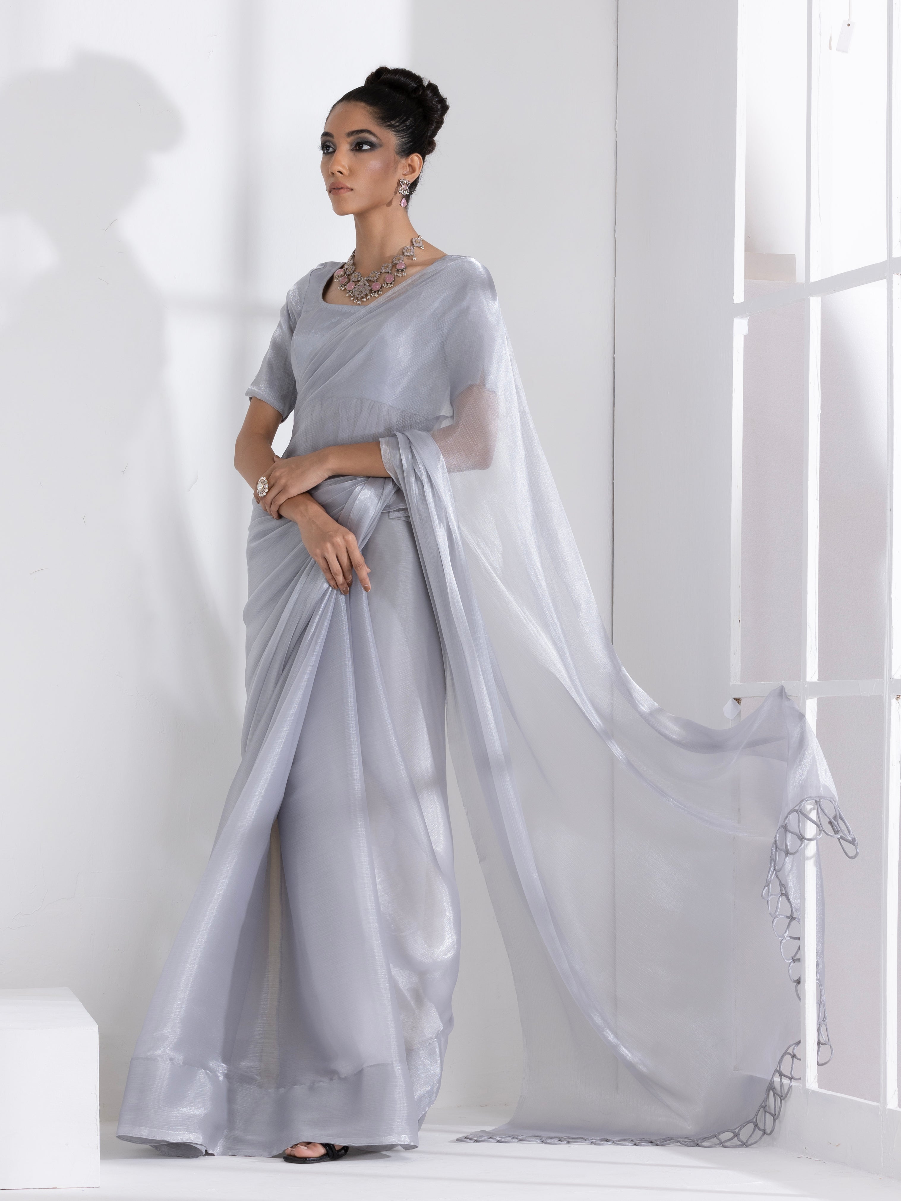 Infinite Ice Silver Chiffon Saree