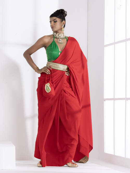 Jungle Red Korean Saree with Green Lace and Green Posh Blouse