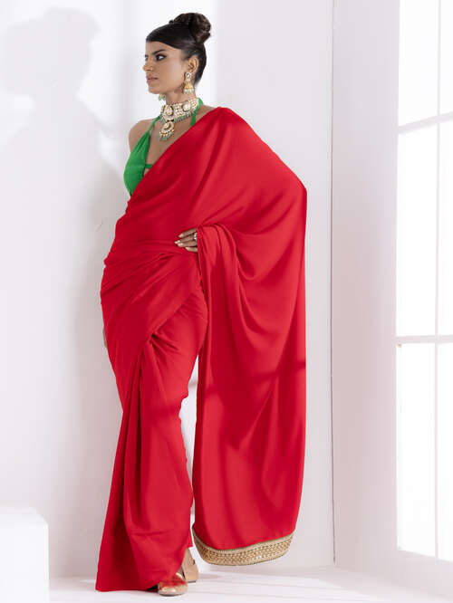 Jungle Red Korean Saree with Green Lace and Green Posh Blouse