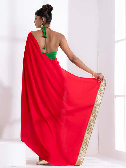 Jungle Red Korean Saree with Green Lace and Green Posh Blouse