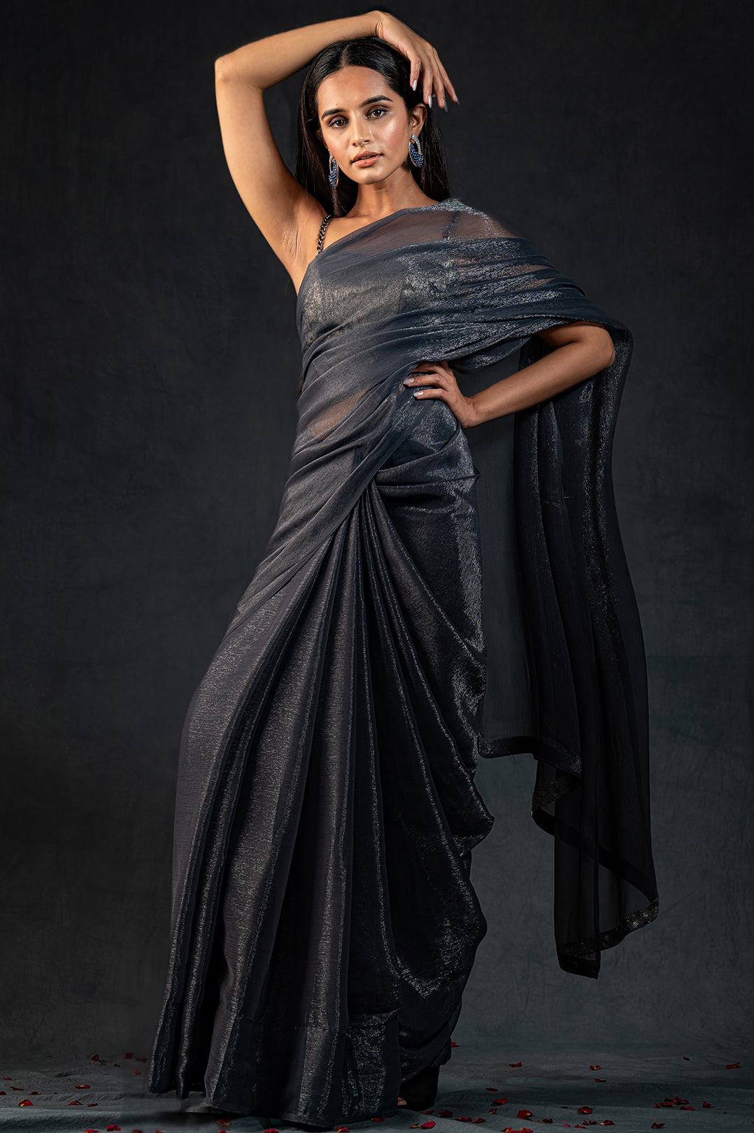 Dual shade grey shimmer silver chiffon saree — view 9