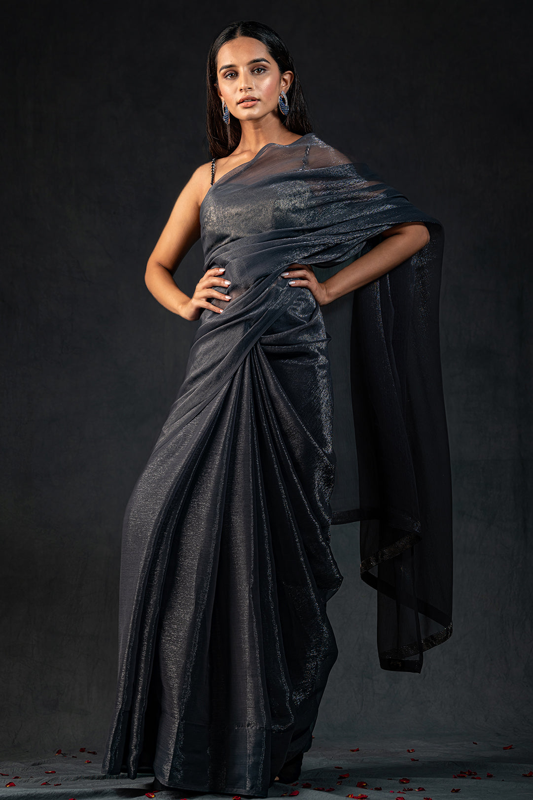 Dual shade grey shimmer silver chiffon saree — view 11