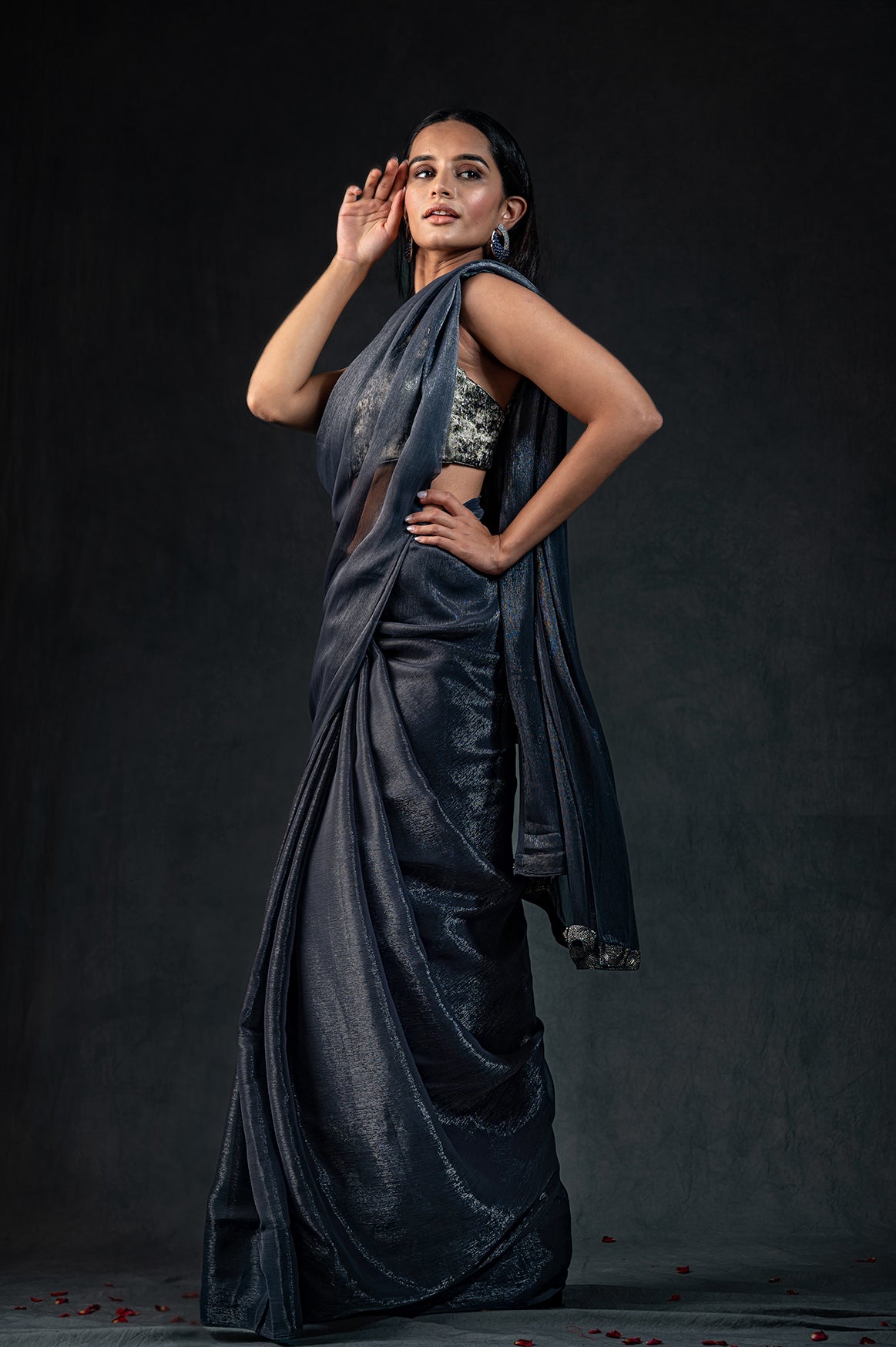 Dual shade grey shimmer silver chiffon saree — view 10