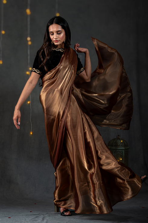 Deadly Metallic Gold Satin Organza Saree