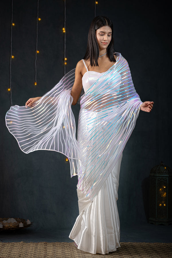 White Impression Net Saree