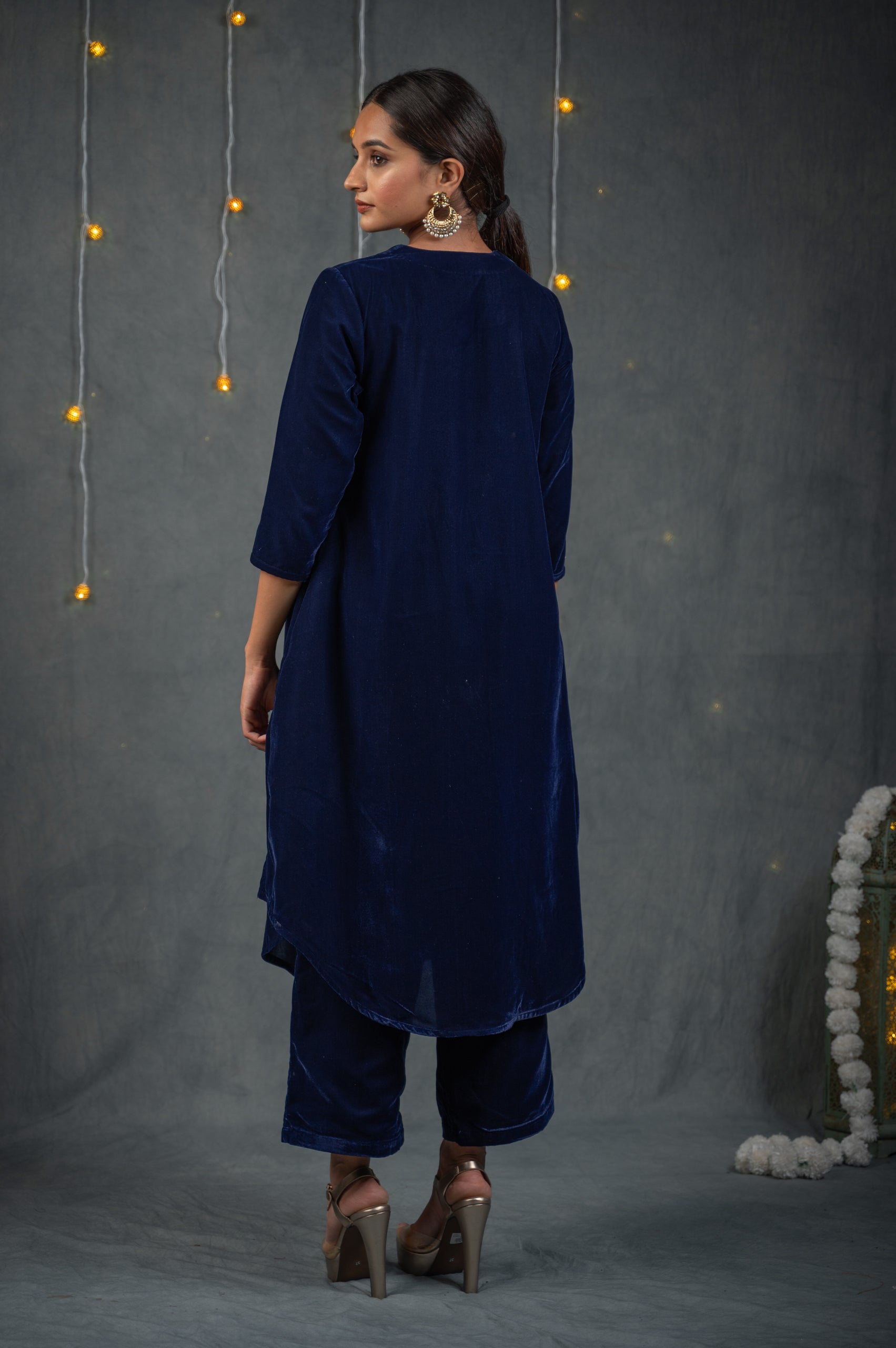 Women's Azure Velvet Kurta with Sequined Yoke and Pants 2 Piece Set | Straight Fit, V Neck, 3/4 Sleeves, Pants, Festive Wear, (Velvet)