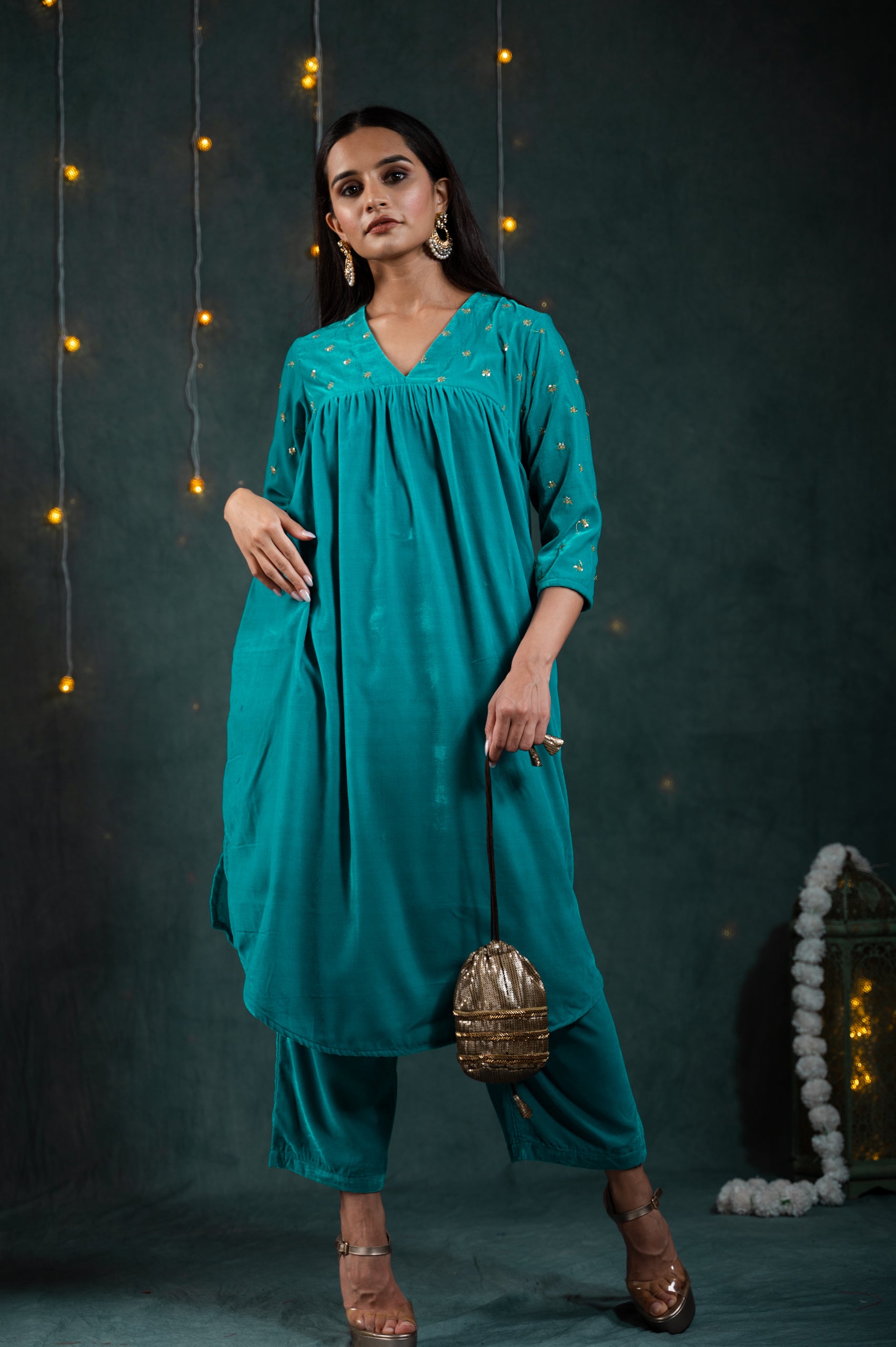 Women's Sky Blue Velvet Top with Sequined Sleeves and Yoke 2 Piece Set | Straight Fit, V Neck, 3/4 Sleeves, Pants, Festive Wear, (Velvet)