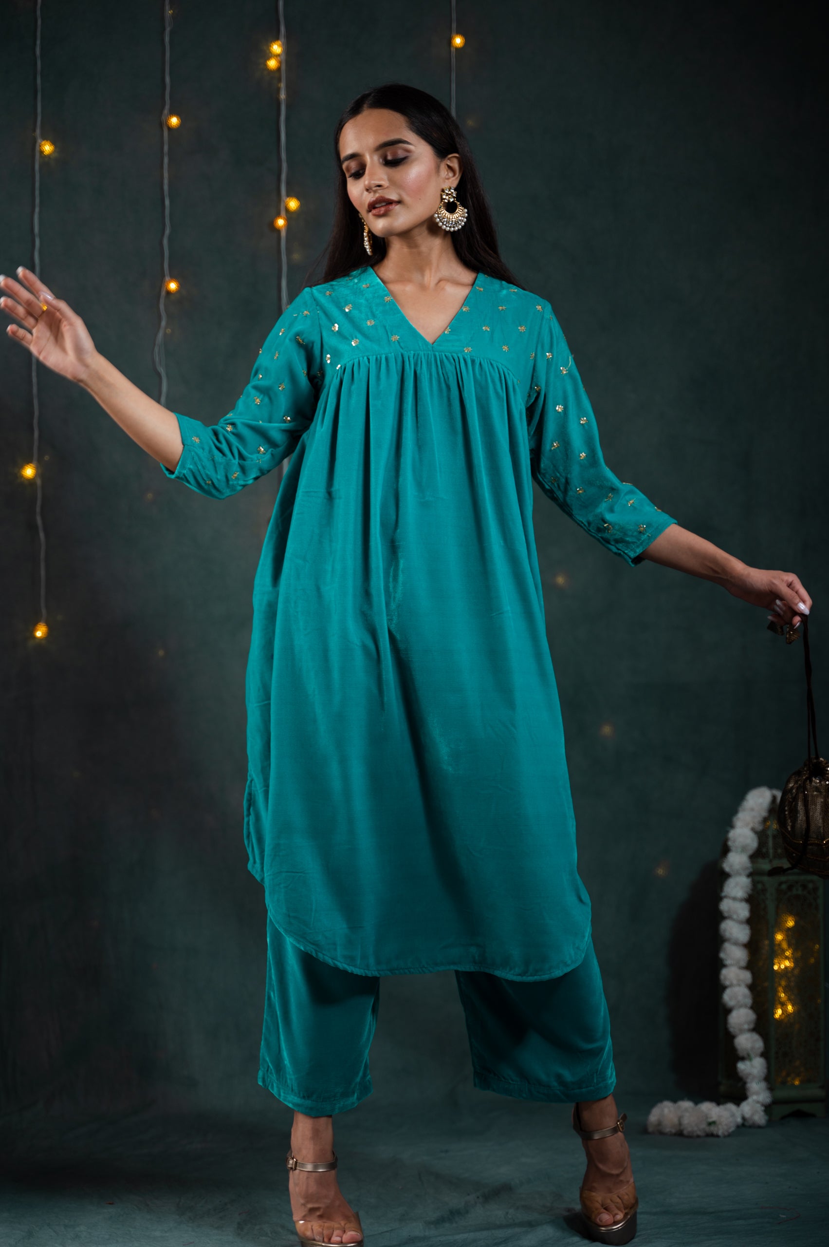 Women's Sky Blue Velvet Top with Sequined Sleeves and Yoke 2 Piece Set | Straight Fit, V Neck, 3/4 Sleeves, Pants, Festive Wear, (Velvet)