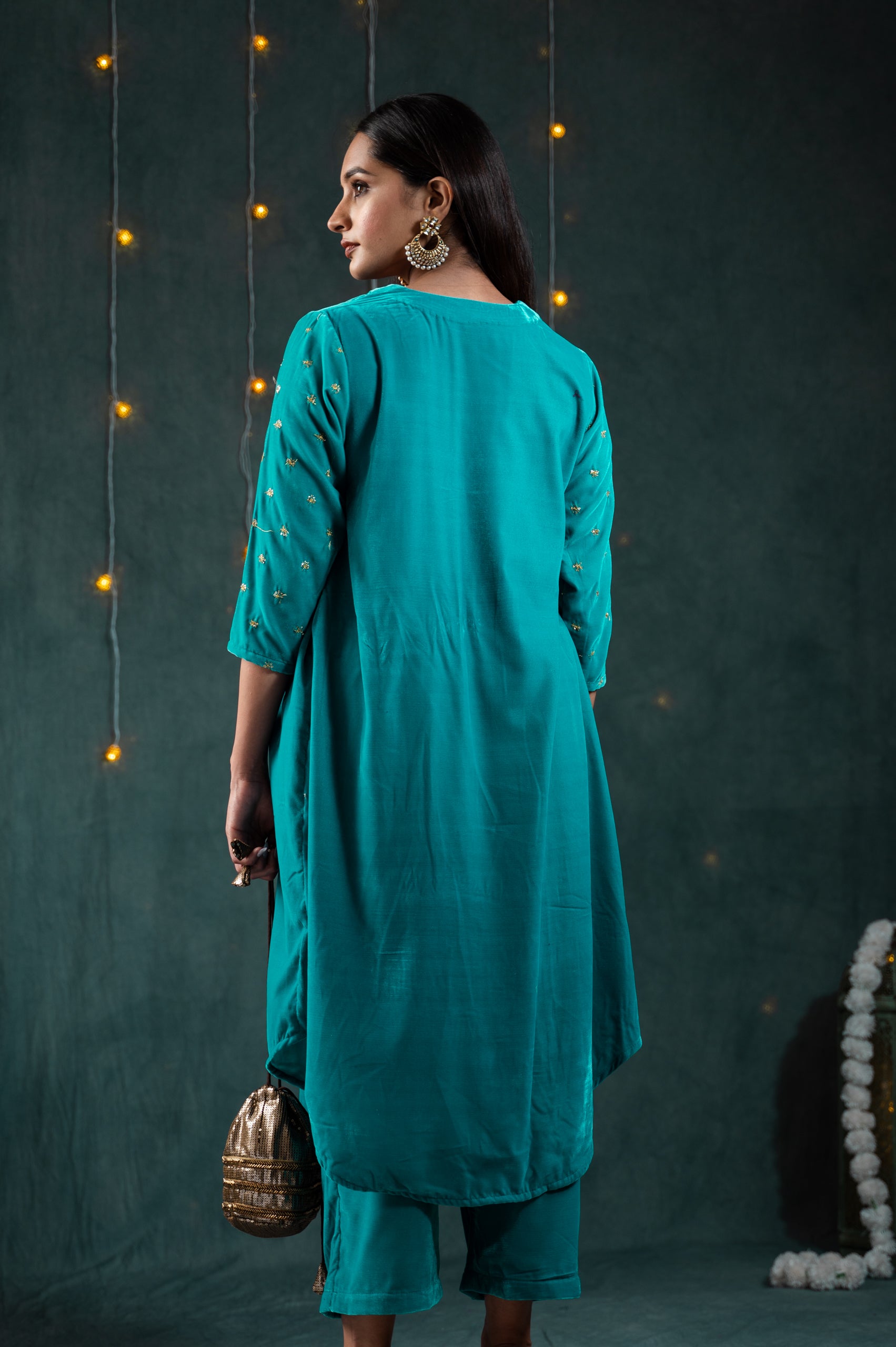 Women's Sky Blue Velvet Top with Sequined Sleeves and Yoke 2 Piece Set | Straight Fit, V Neck, 3/4 Sleeves, Pants, Festive Wear, (Velvet)