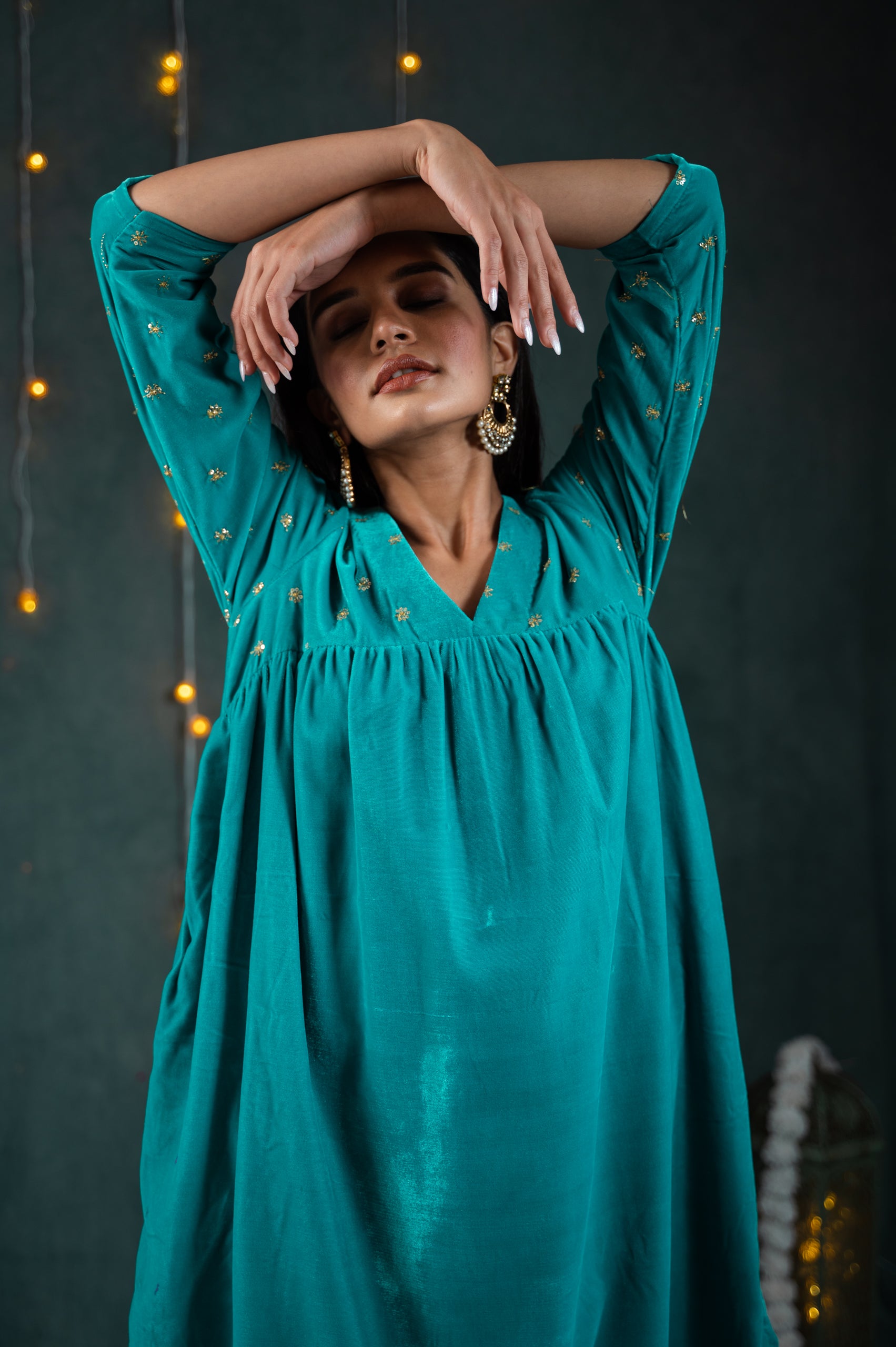 Women's Sky Blue Velvet Top with Sequined Sleeves and Yoke 2 Piece Set | Straight Fit, V Neck, 3/4 Sleeves, Pants, Festive Wear, (Velvet)