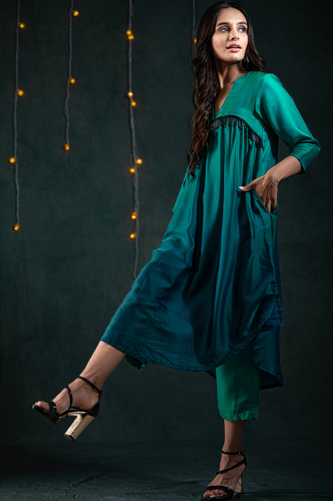 Women's Green & Blue Ombre Kurta with Hanging Black Lace and Pants 2 Piece Set | Straight Fit, V Neck, 3/4 Sleeves, Pants, Partywear, (Satin)