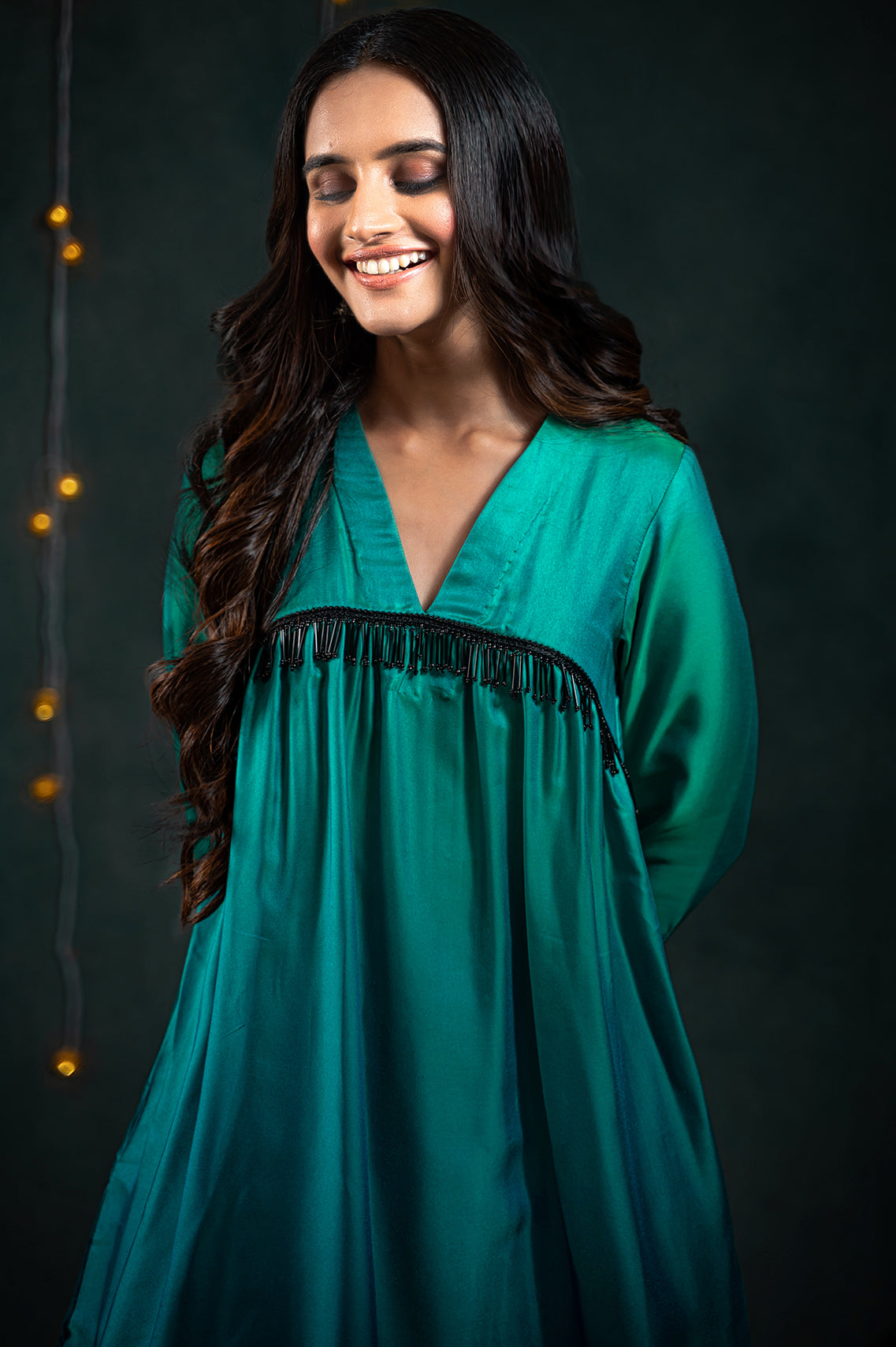 Women's Green & Blue Ombre Kurta with Hanging Black Lace and Pants 2 Piece Set | Straight Fit, V Neck, 3/4 Sleeves, Pants, Partywear, (Satin)