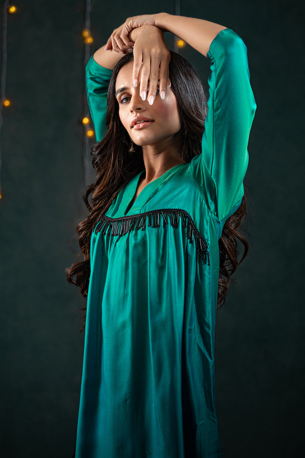 Women's Green & Blue Ombre Kurta with Hanging Black Lace and Pants 2 Piece Set | Straight Fit, V Neck, 3/4 Sleeves, Pants, Partywear, (Satin)