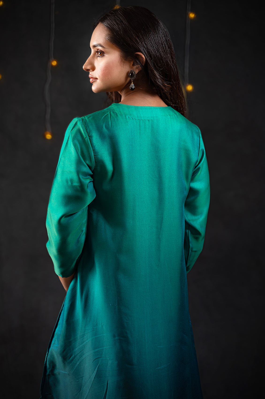 Women's Green & Blue Ombre Kurta with Hanging Black Lace and Pants 2 Piece Set | Straight Fit, V Neck, 3/4 Sleeves, Pants, Partywear, (Satin)