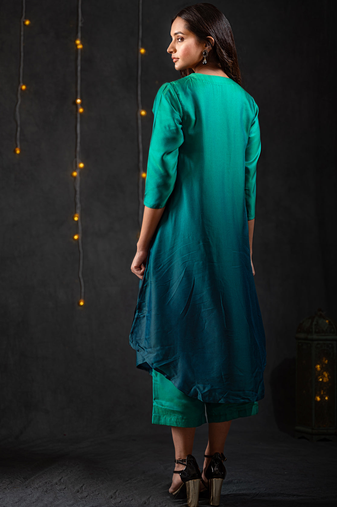 Women's Green & Blue Ombre Kurta with Hanging Black Lace and Pants 2 Piece Set | Straight Fit, V Neck, 3/4 Sleeves, Pants, Partywear, (Satin)