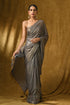 Grey Gold Chiffon Saree With Lace & Pendant on Ends