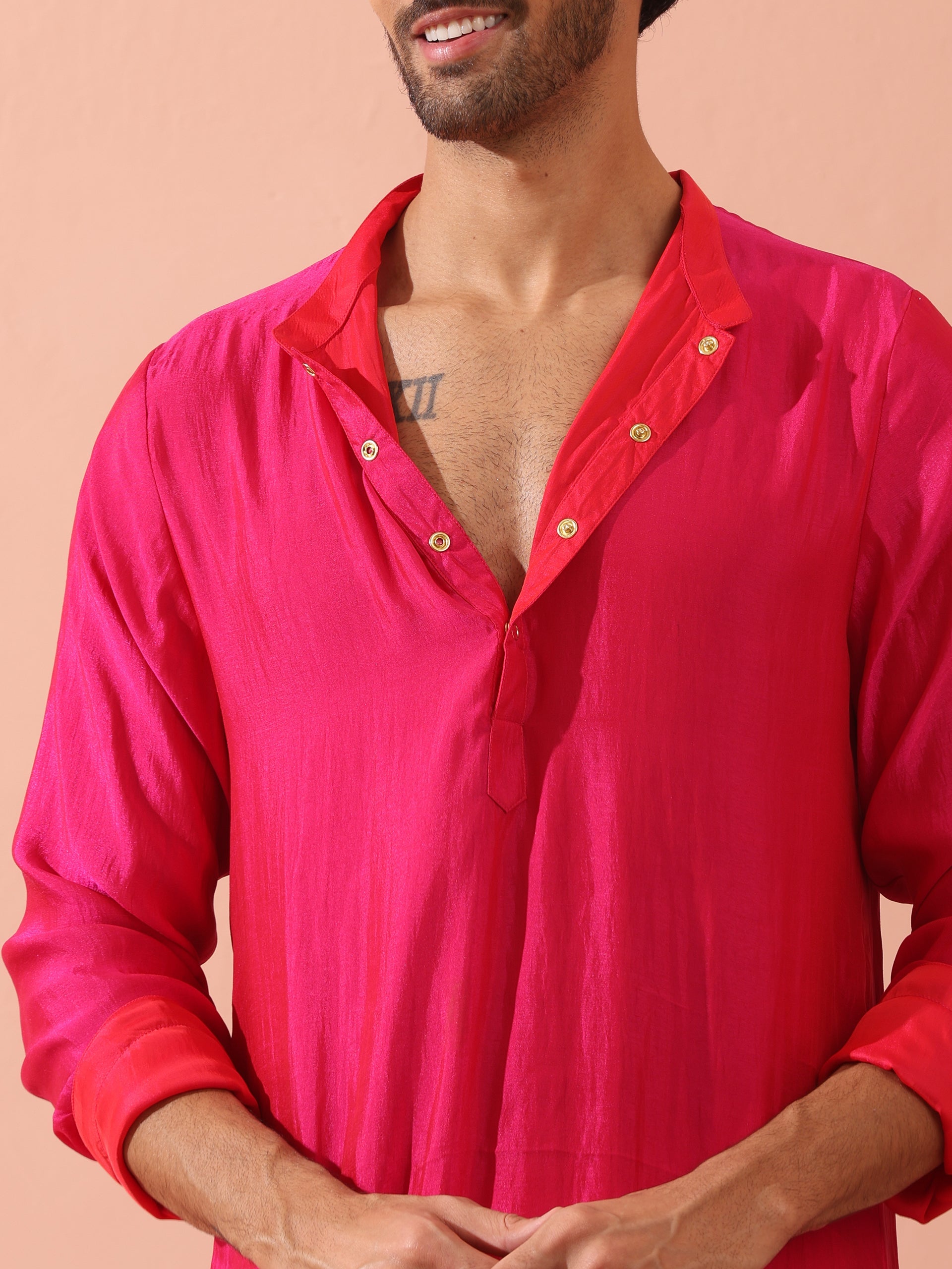 Reversible Romance and Charm Red Pink Satin Kurta With Snaps
