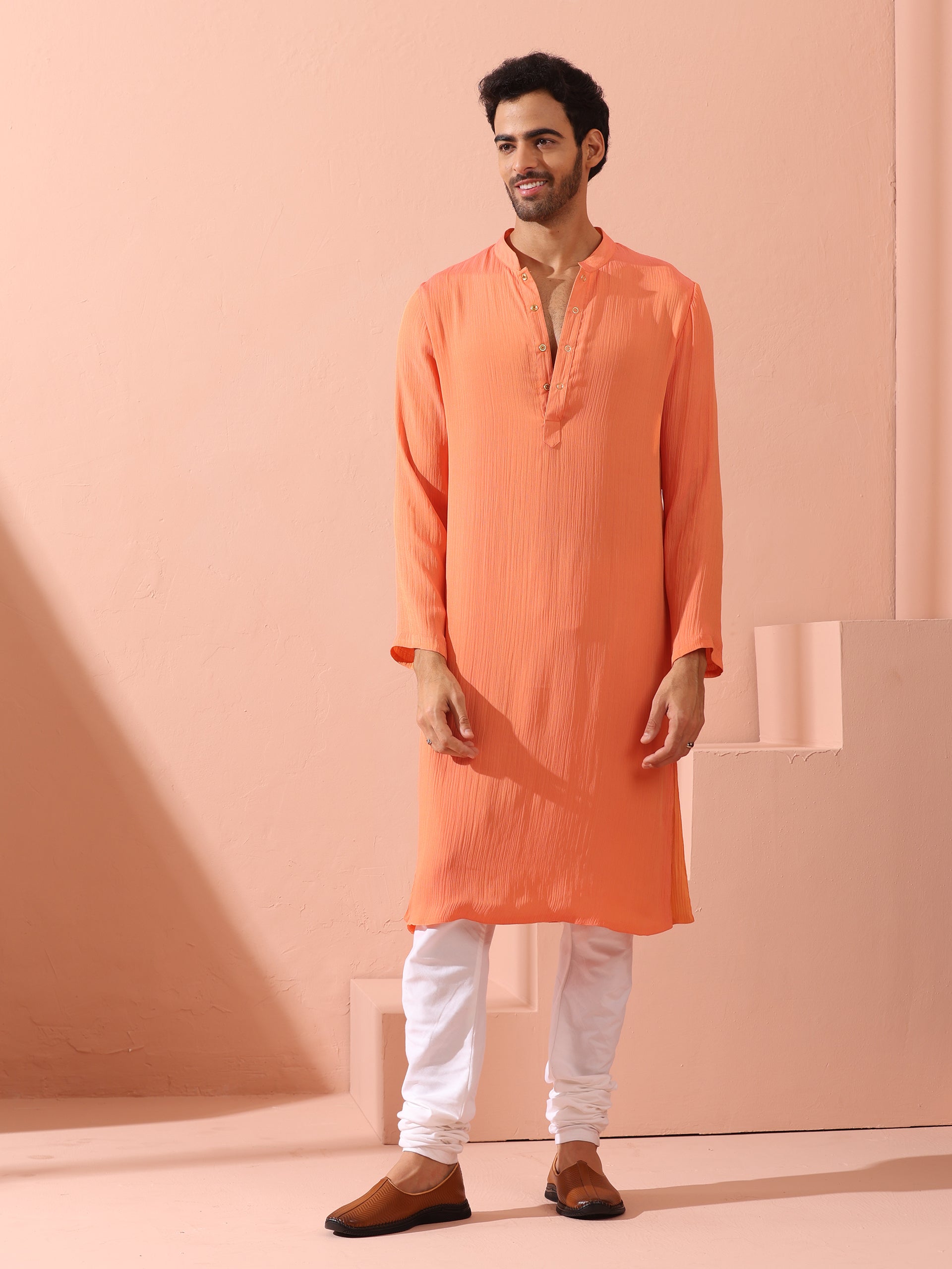 Men’s Reversible Peach & Orange Chiffon Kurta with Snaps 1 Piece | A-Line, Round Neck, Full Sleeves, Festive Wear, (Chiffon)