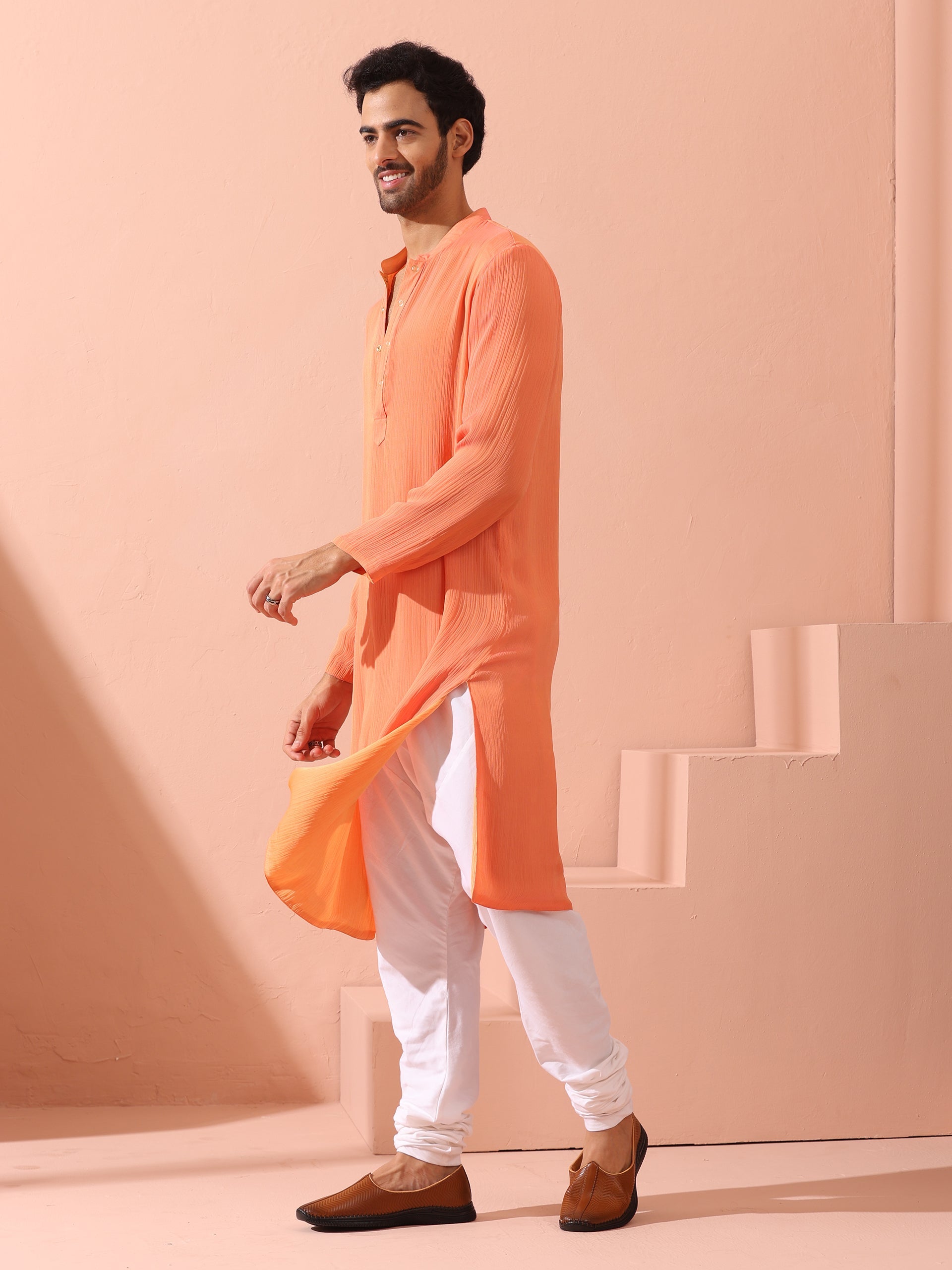 Men’s Reversible Peach & Orange Chiffon Kurta with Snaps 1 Piece | A-Line, Round Neck, Full Sleeves, Festive Wear, (Chiffon)