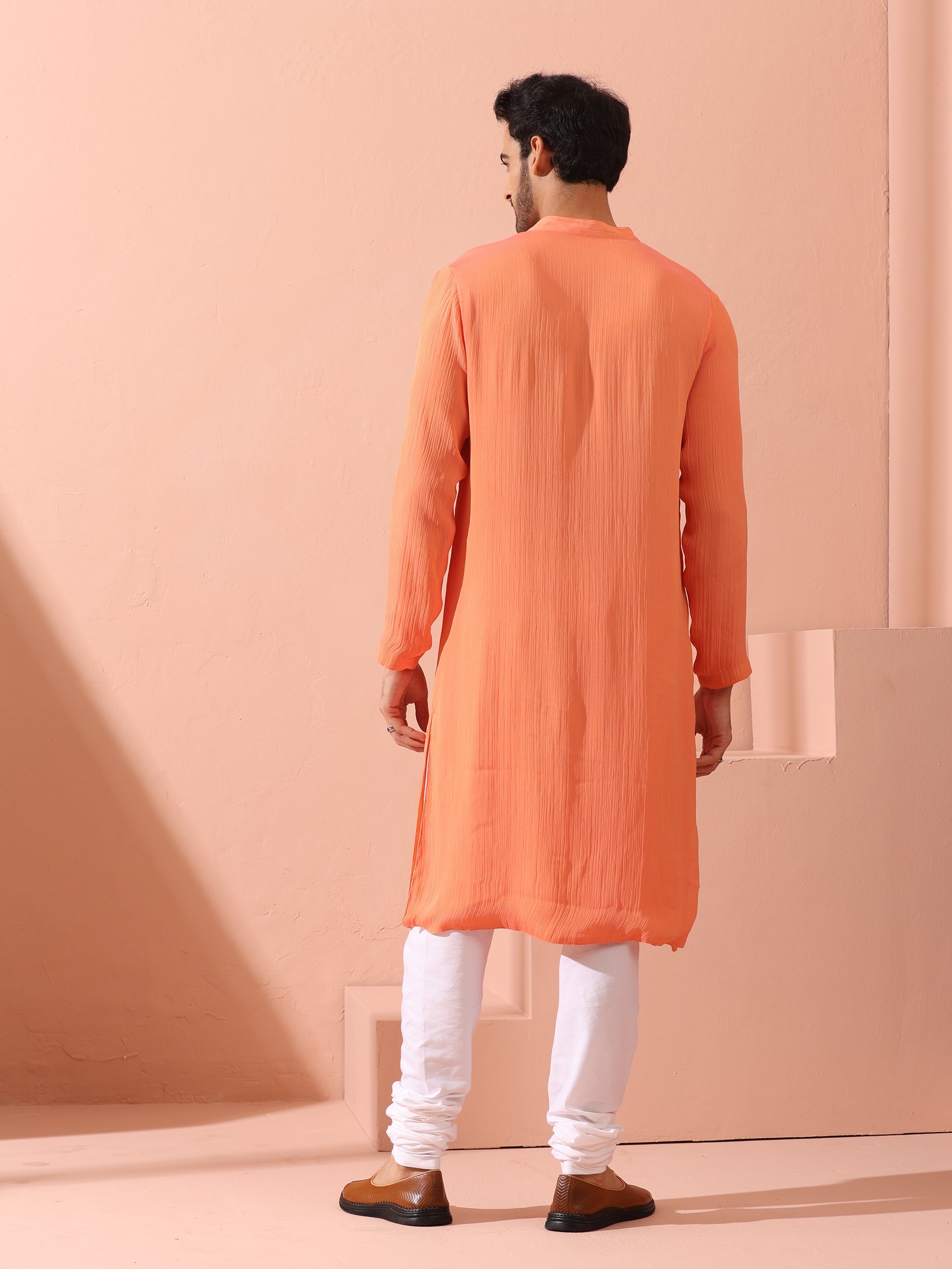 Men’s Reversible Peach & Orange Chiffon Kurta with Snaps 1 Piece | A-Line, Round Neck, Full Sleeves, Festive Wear, (Chiffon)