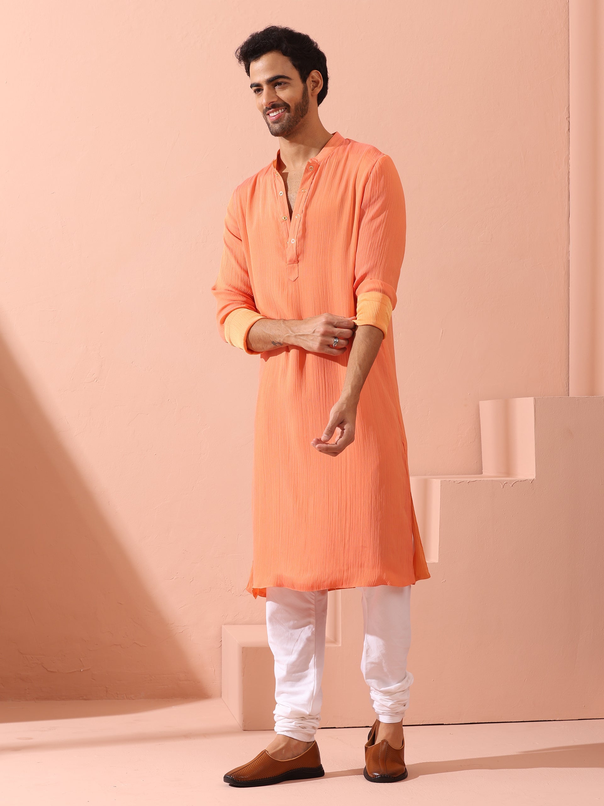 Men’s Reversible Peach & Orange Chiffon Kurta with Snaps 1 Piece | A-Line, Round Neck, Full Sleeves, Festive Wear, (Chiffon)