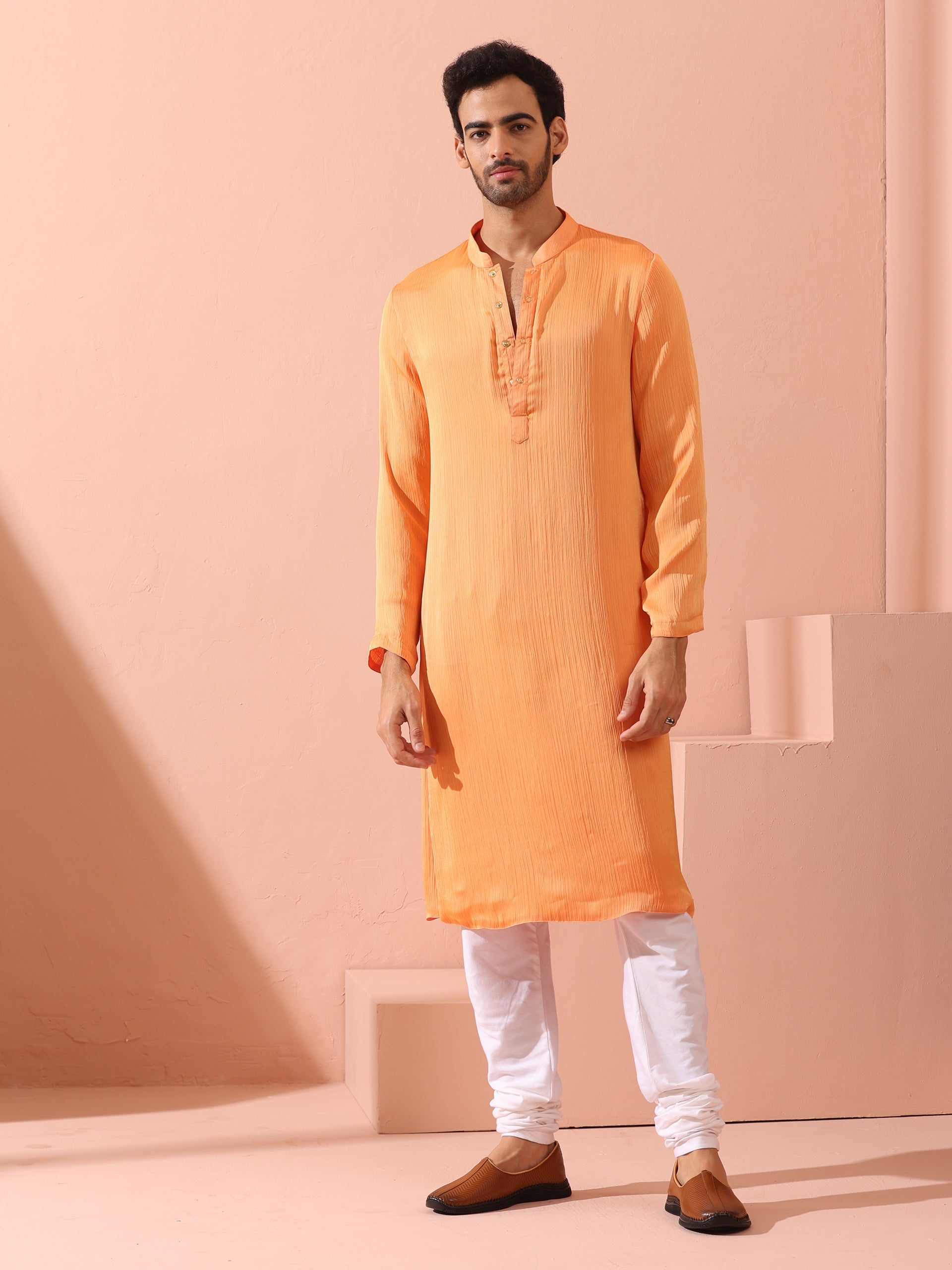 Men’s Reversible Peach & Orange Chiffon Kurta with Snaps 1 Piece | A-Line, Round Neck, Full Sleeves, Festive Wear, (Chiffon)